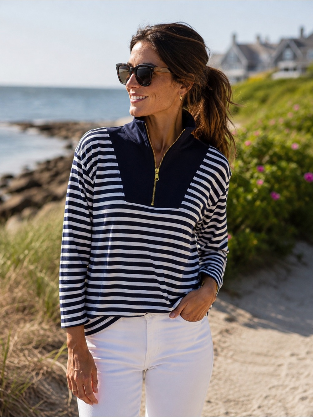 J. Crew Navy and White Striped Half-Zip Fleece Lined Sweatshirt- Large